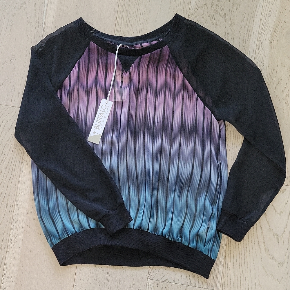 Buffalo David Bitton Black Raglan Pullover with Pink-to-Blue Ombre Wave